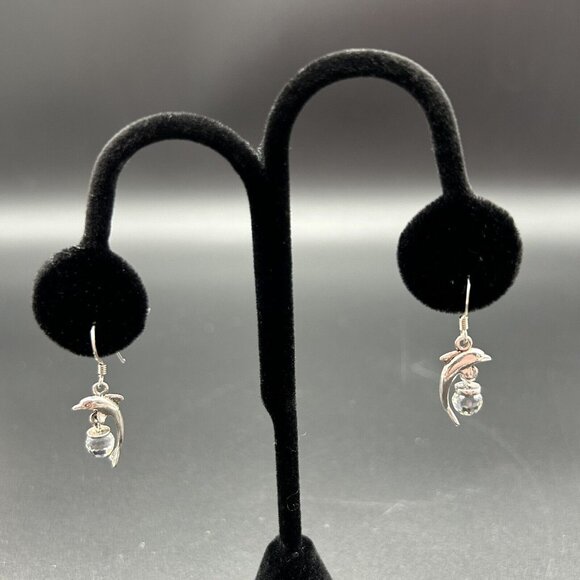 Sterling Silver Dolphin Earrings with Crystal Ball Marked 925 Dangle Drop 1/2" - Picture 2 of 5